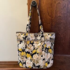 Vera Bradley Large Floral Shopper Tote Shoulder Bag Black Yellow White